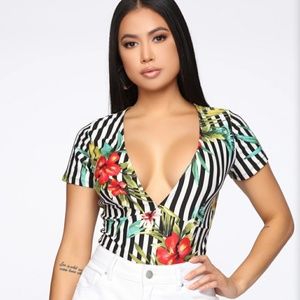 Floral and Striped Pattern Bodysuit